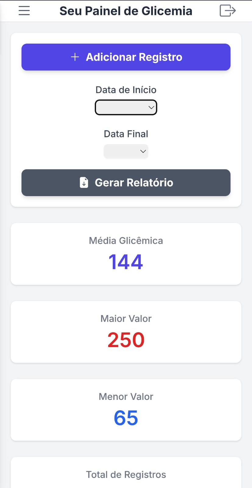 Painel do GlicoZap no celular